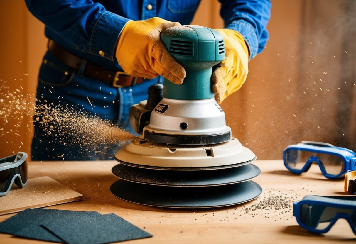 An orbital sander in action, smoothing a piece of wood with sawdust flying in the air, surrounded by various grit sandpaper and safety goggles
