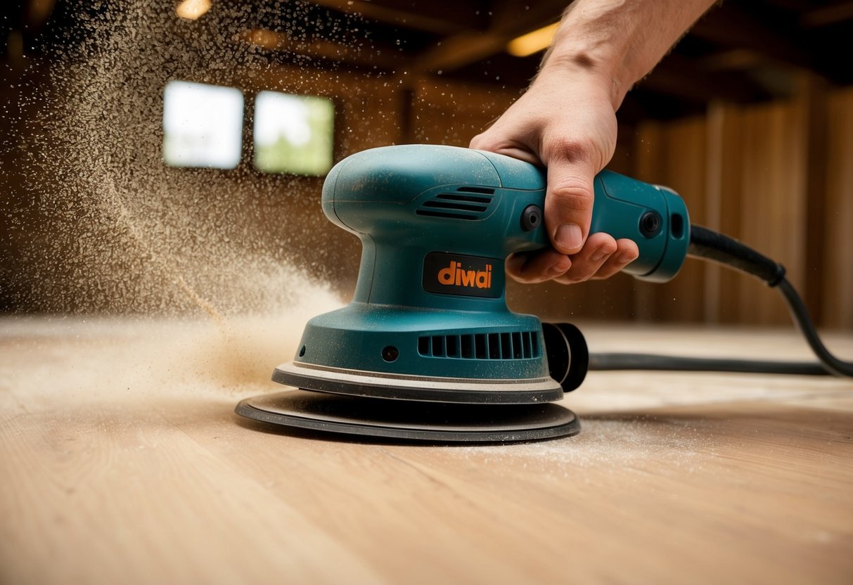 An orbital sander glides over a smooth wooden surface, creating a cloud of sawdust. The tool's handle is gripped firmly as it moves in a circular motion