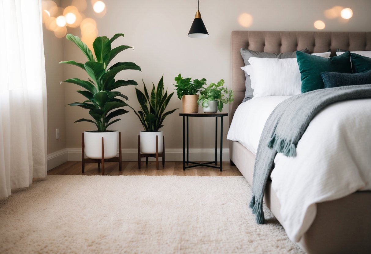 A cozy bedroom with soft carpet or warm wood flooring, featuring a comfortable bed and healthy indoor plants