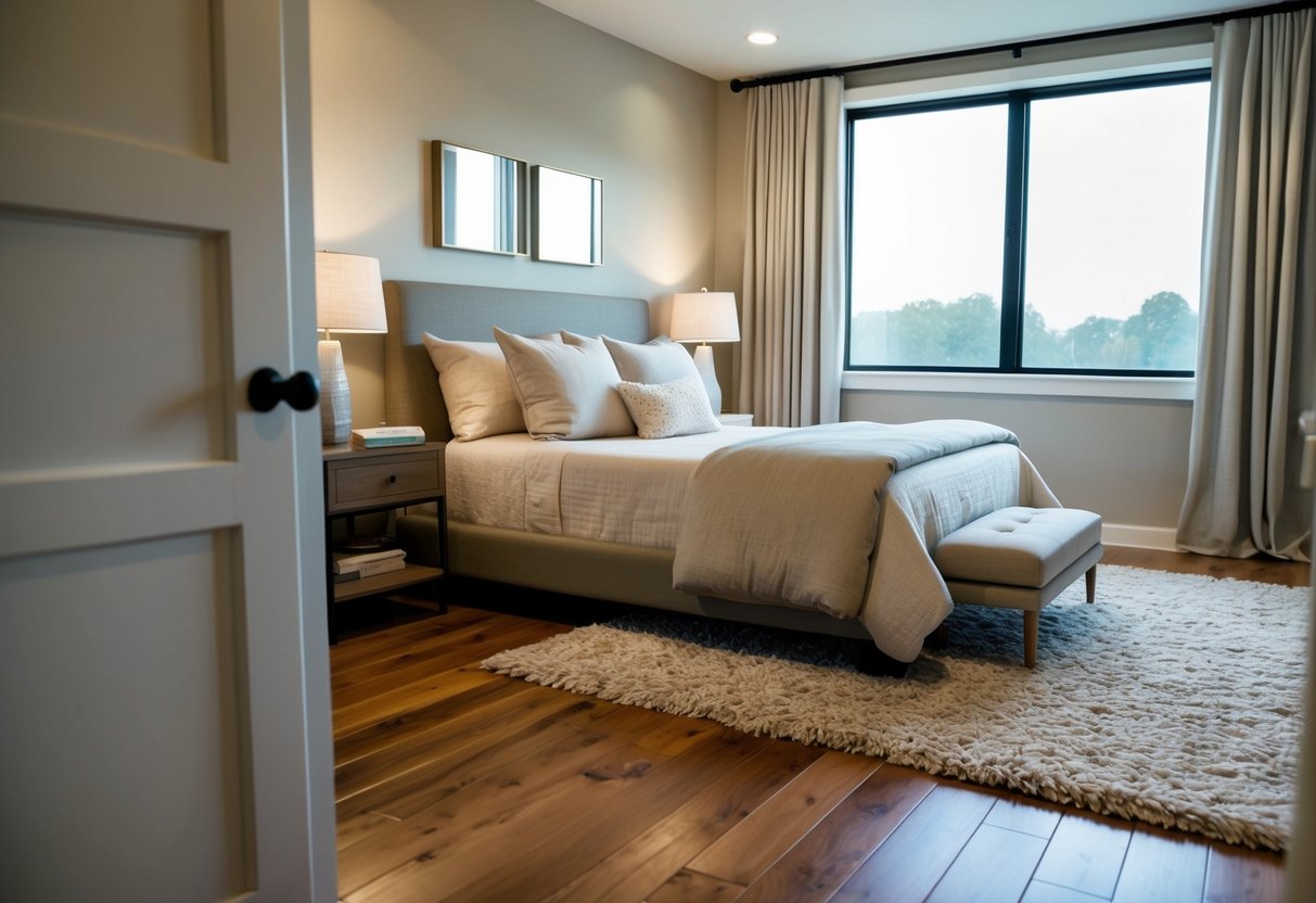 A cozy bedroom with hardwood flooring, a plush area rug, and a bed with soft, neutral bedding. A large window lets in natural light, and a bedside table holds a lamp and a book
