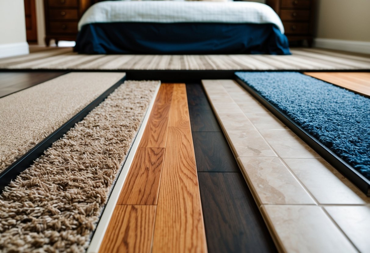 A bedroom with various flooring options displayed, including carpet, hardwood, laminate, and tile. Different textures and colors create a visually appealing scene for the illustrator to recreate