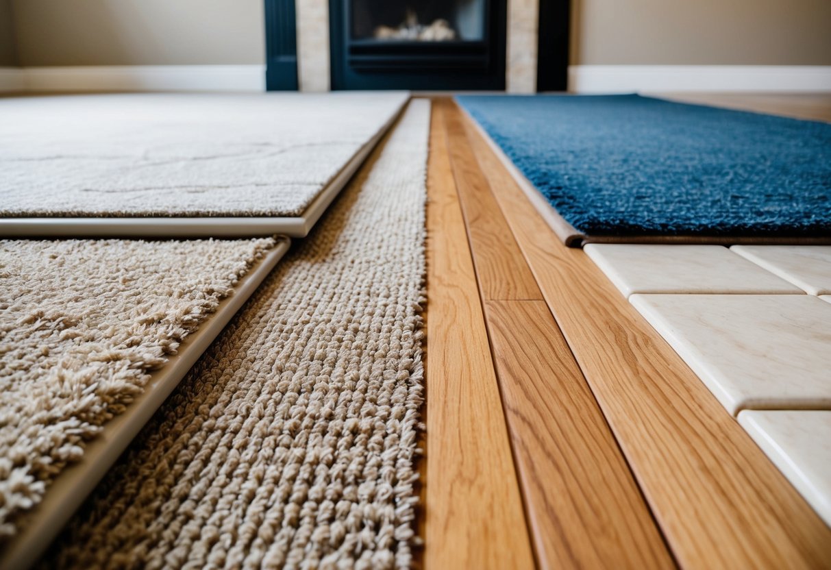 A bedroom with various flooring options laid out, including carpet, hardwood, laminate, and tile. Each option shows signs of wear and tear to illustrate durability and maintenance needs