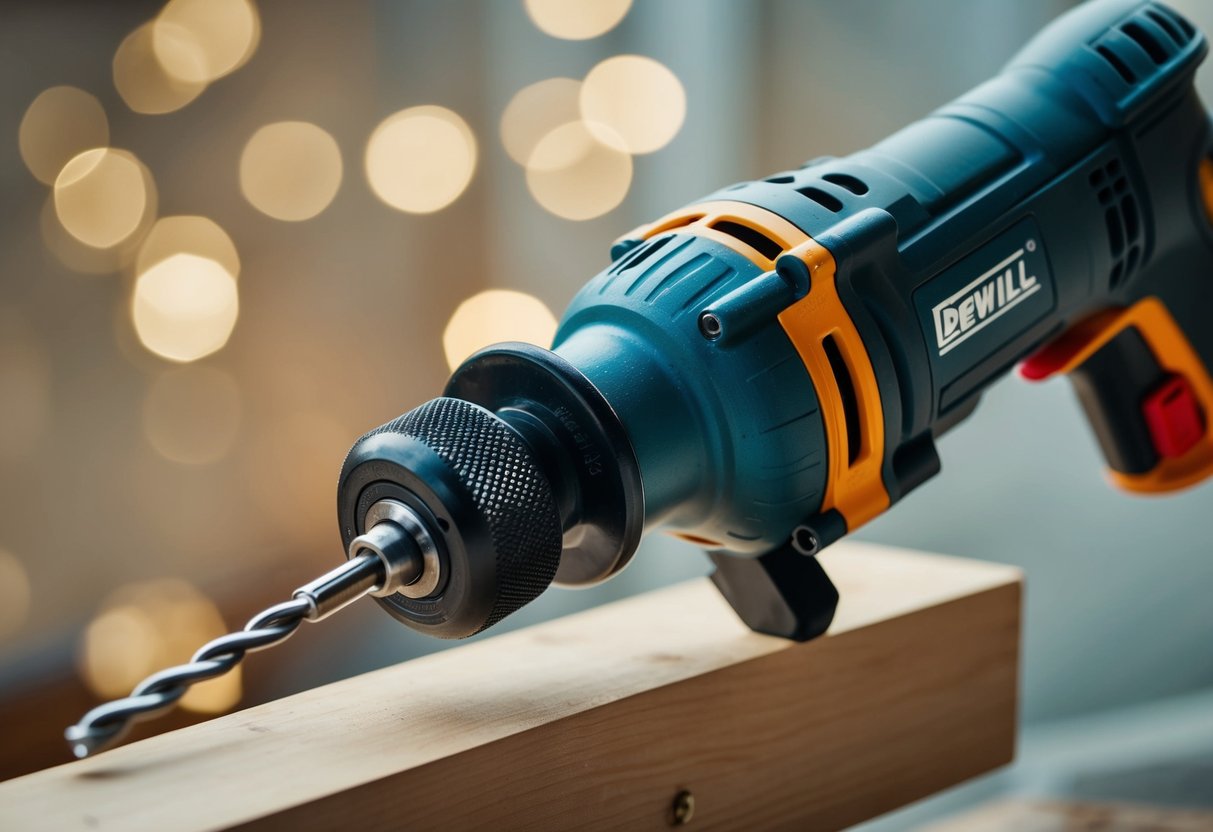 A right angle drill with a detachable handle and a keyless chuck drilling into a piece of wood