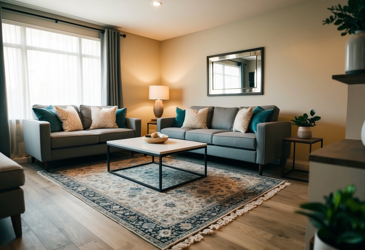 A cozy living room with a stylish area rug under a modern coffee table, surrounded by comfortable seating and warm lighting