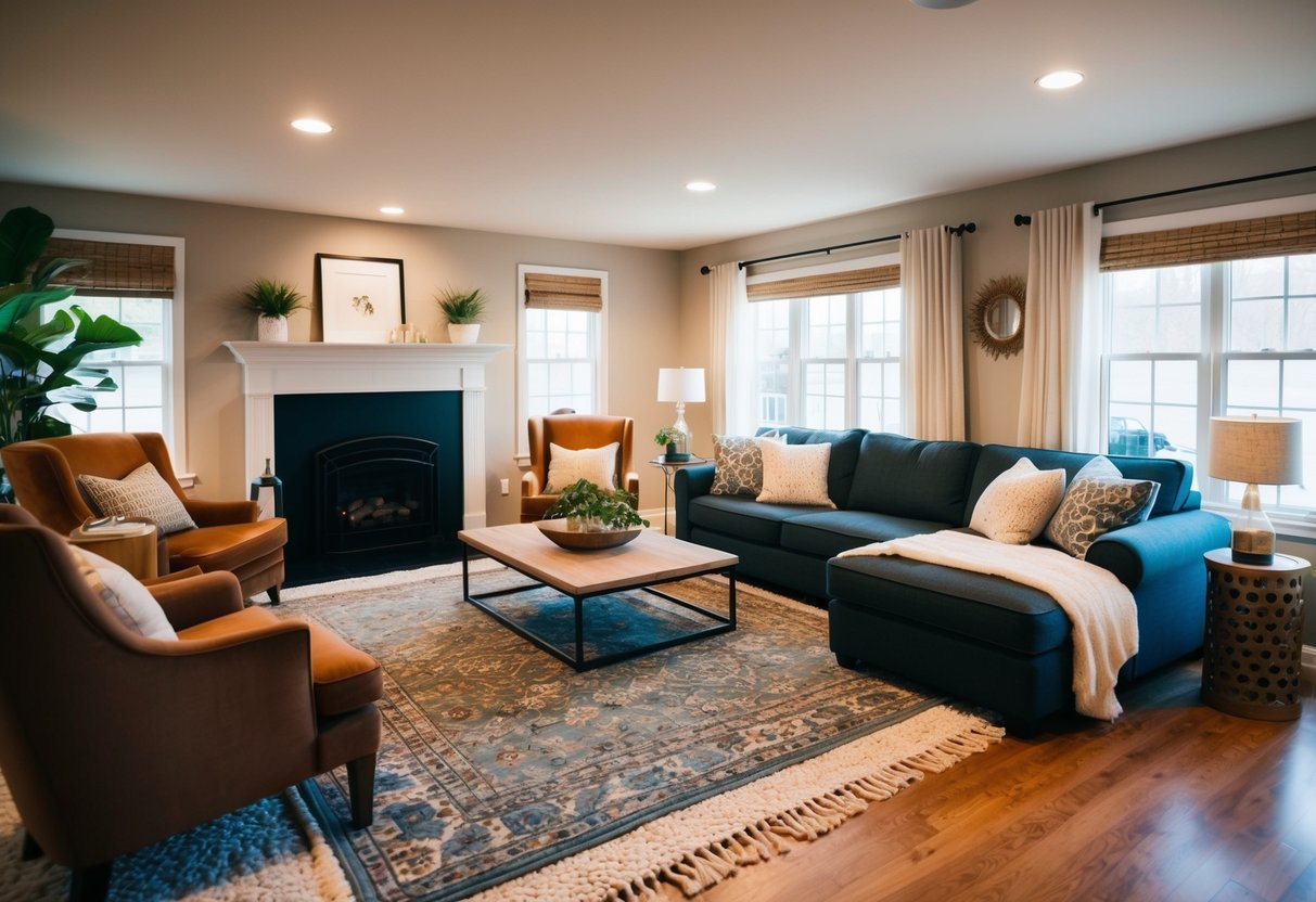 A cozy living room with various types of area rugs, including traditional, modern, and shaggy styles, adding warmth and style to the space