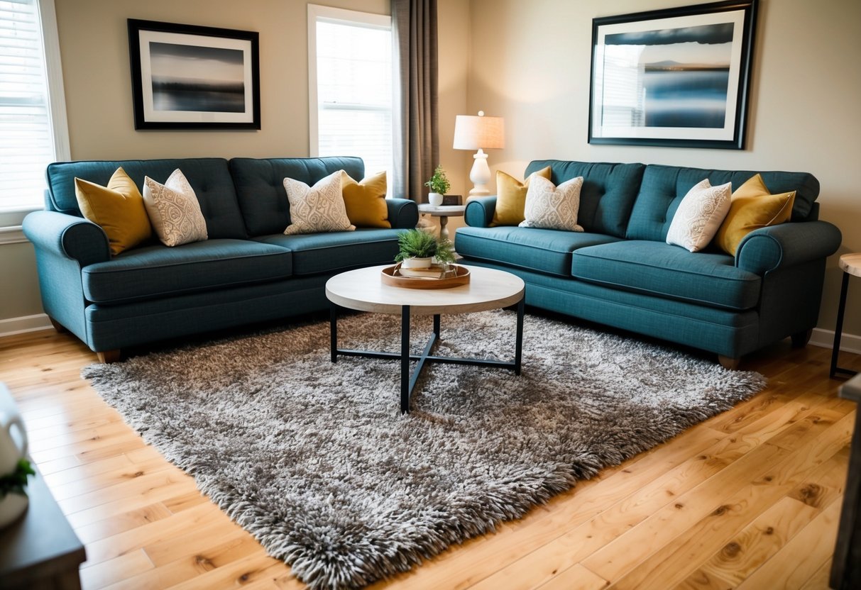 A cozy living room with a plush area rug, complementing the furniture and adding warmth and style to the space
