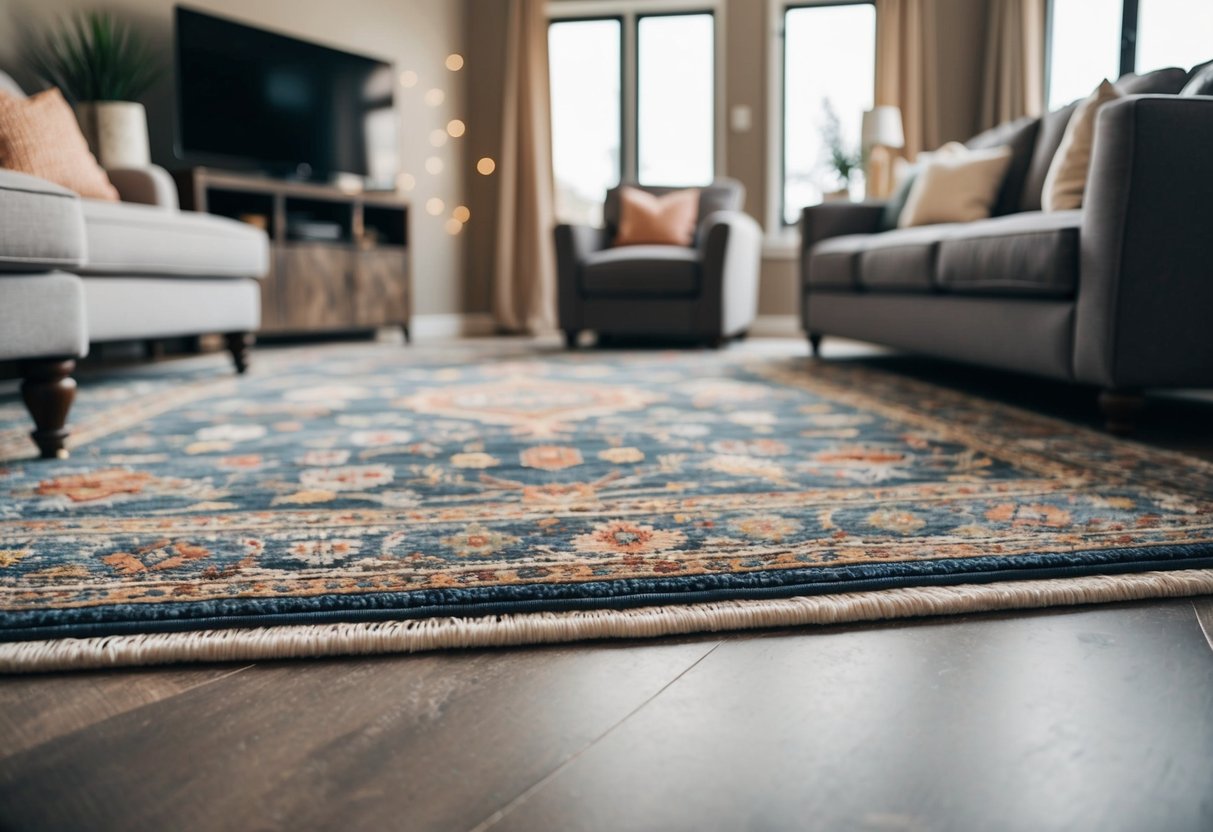 A cozy living room with a stylish area rug as the focal point, surrounded by comfortable furniture and a durable flooring surface