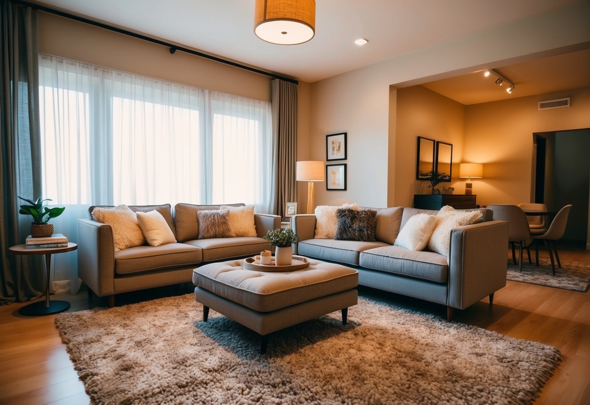 A cozy living room with a plush area rug, stylish furniture, and warm lighting