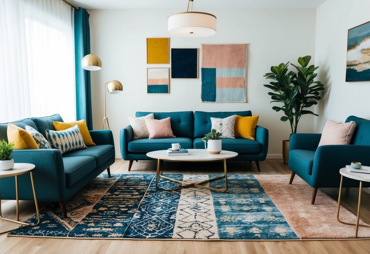 A cozy living room with a modern sofa, coffee table, and 10 stylish area rugs in various patterns and colors