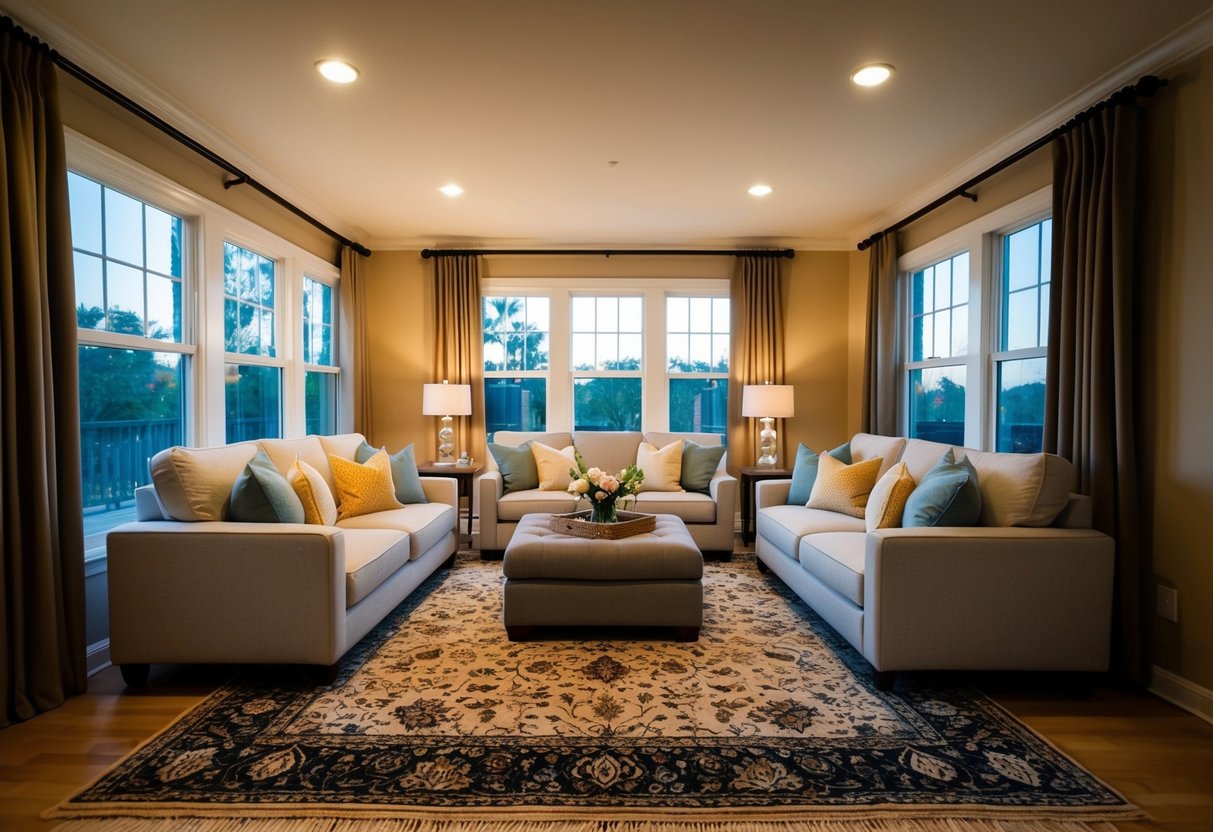 A cozy living room with a large, stylish area rug as the focal point, surrounded by comfortable furniture and bathed in warm, inviting light