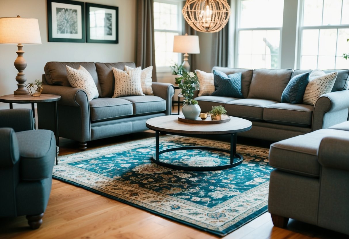 A cozy living room with a stylish area rug as the focal point, surrounded by comfortable seating and a durable coffee table