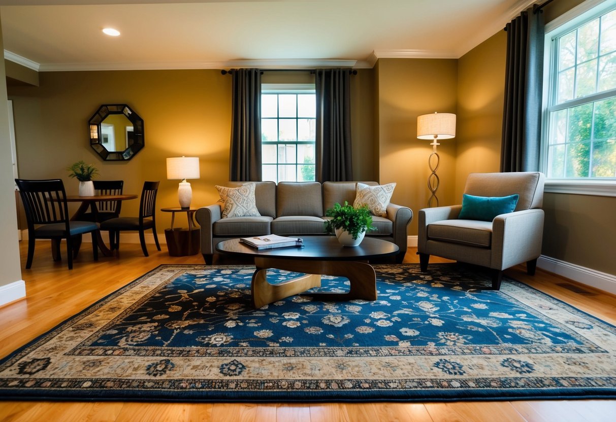 A cozy living room with a durable, stylish rug. Furniture arranged for high foot traffic. Warm lighting and comfortable seating