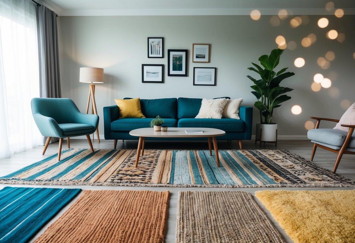 A cozy living room with a modern sofa, coffee table, and 10 different area rugs in various styles, colors, and textures