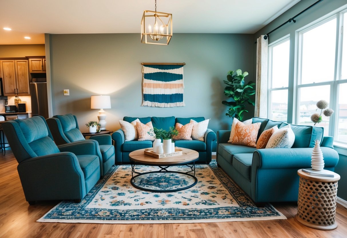 A cozy living room with a stylish area rug, comfortable seating, and durable decor