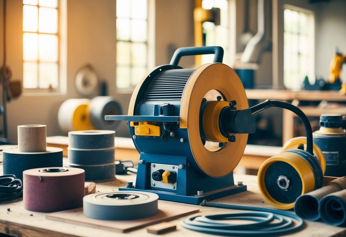 A drum sander in a well-lit workshop, surrounded by various sanding materials and safety equipment