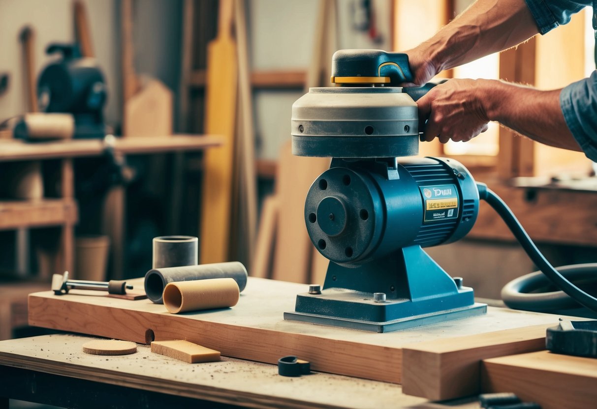 A drum sander in a workshop, sanding a piece of wood with various sanding techniques and materials scattered around