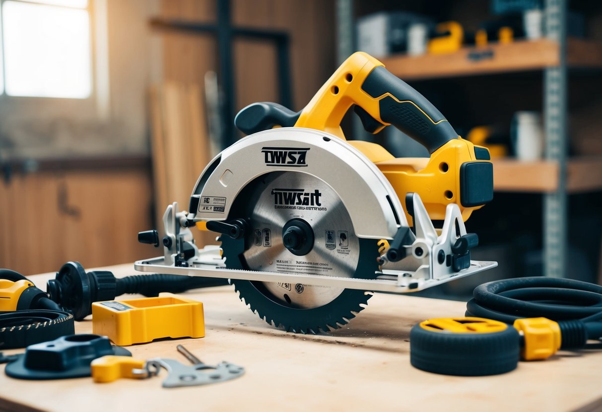 A circular saw with various safety and stability enhancements, surrounded by a selection of accessories and attachments, in a well-lit workshop setting
