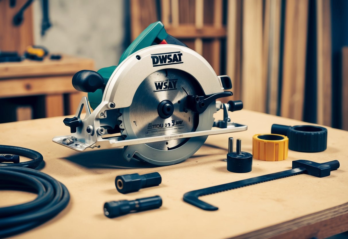 A circular saw with various attachments and accessories arranged neatly on a workbench, ready for use