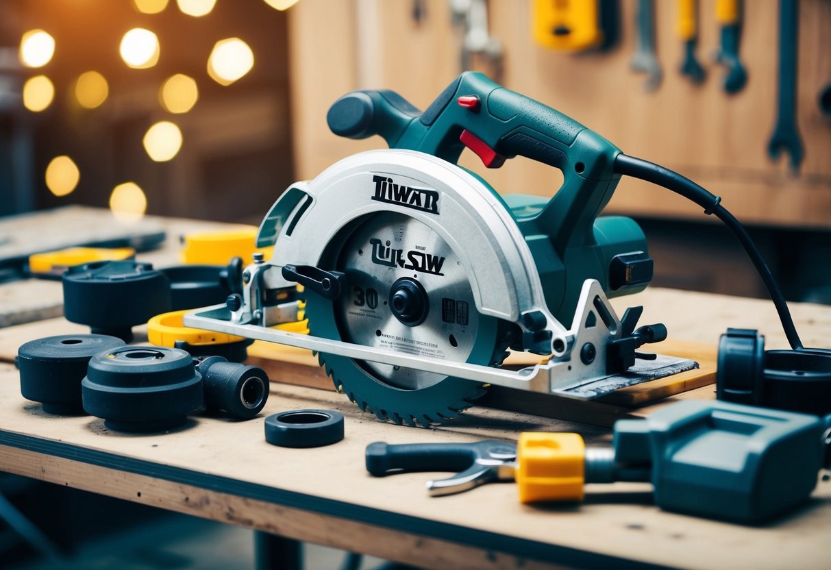 A circular saw surrounded by various attachments and accessories on a workbench