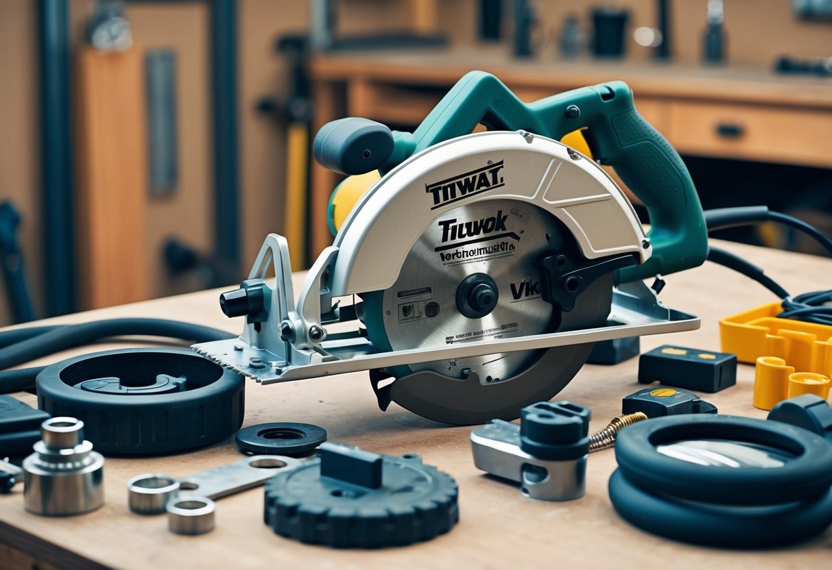 A circular saw on a workbench surrounded by various accessories and attachments, with a focus on maintenance and productivity