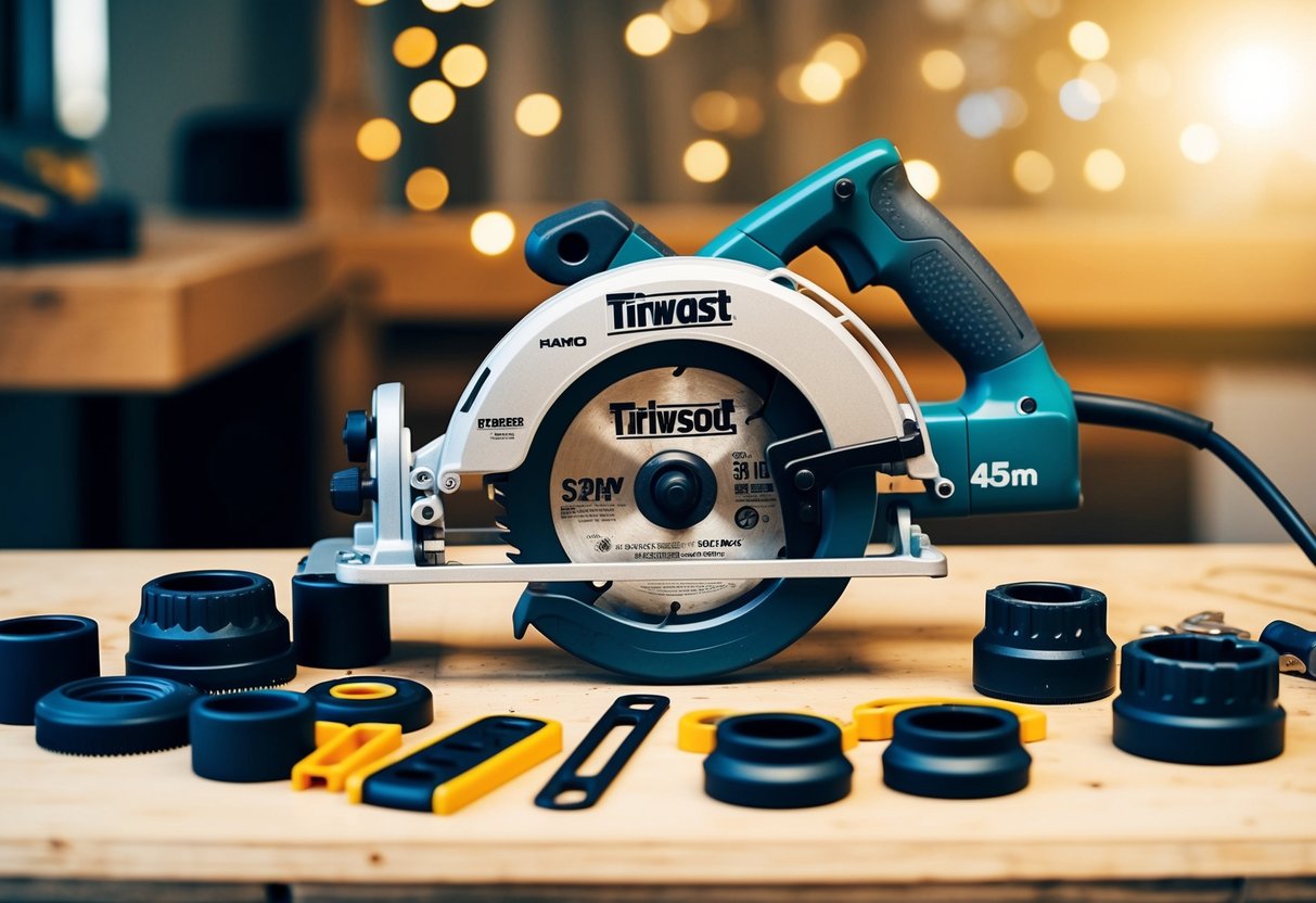 A circular saw surrounded by various brand-specific accessories and attachments, arranged neatly on a workbench