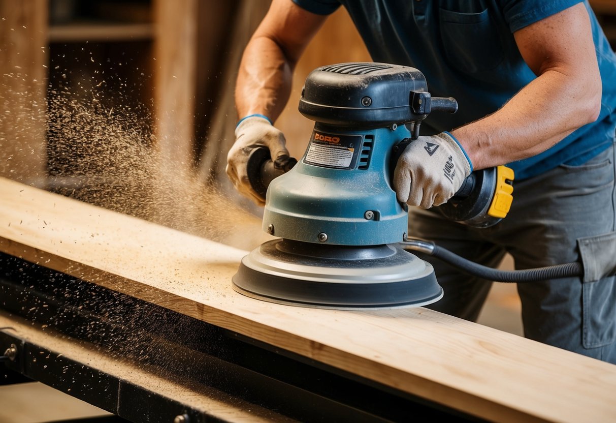 A drum sander in action, smoothing a piece of wood with precision and efficiency. Sawdust flies as the machine hums and the wood transforms