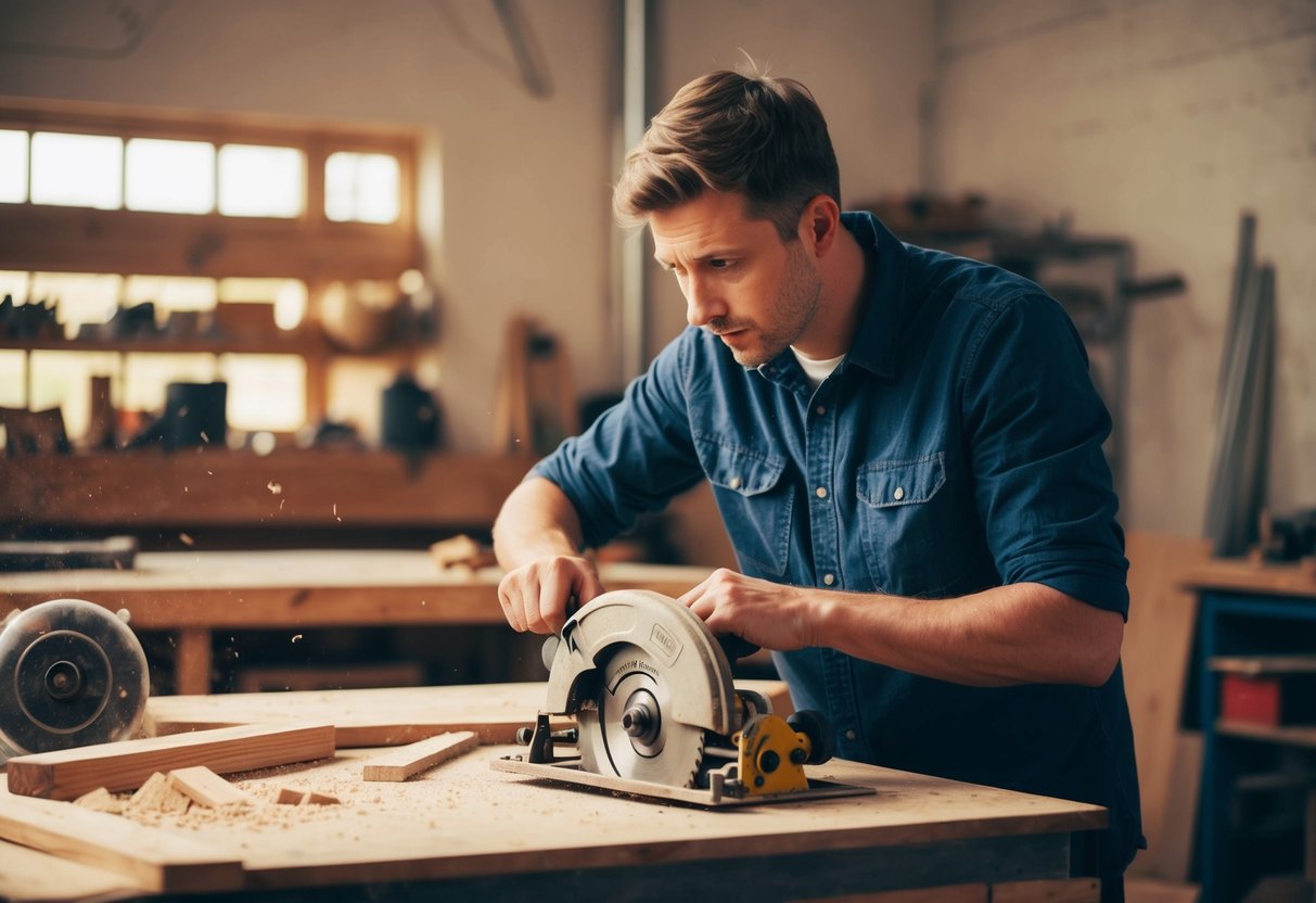 A person in a workshop, examining a circular saw with a puzzled expression. Sawdust and wood offcuts are scattered on the workbench