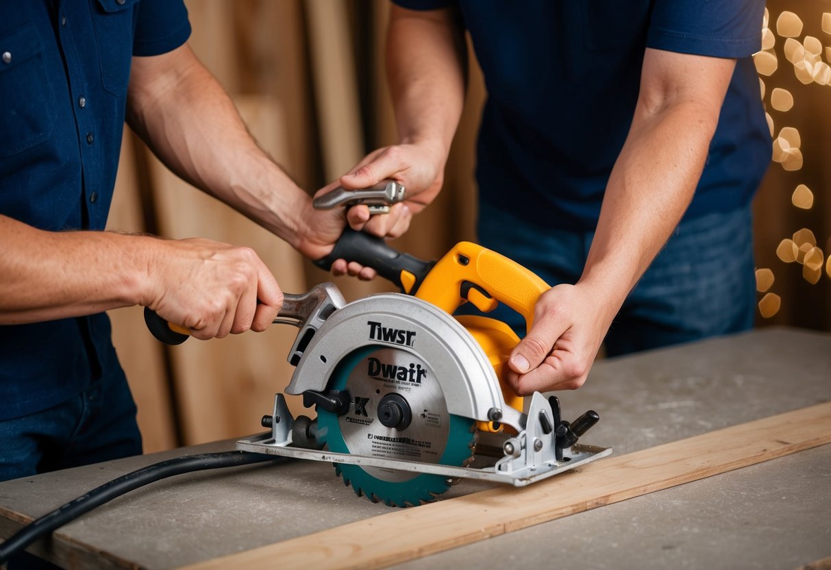 A person using a wrench to tighten the blade on a circular saw, while another person checks the power cord for any damage
