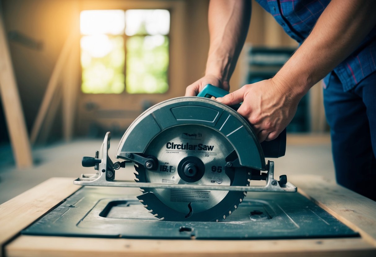 A person standing in front of a malfunctioning circular saw, examining the blade and motor for potential issues
