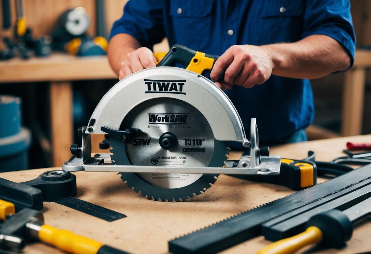 A circular saw sitting on a workbench, surrounded by various tools and equipment. A person in the background is inspecting the saw blade and making adjustments