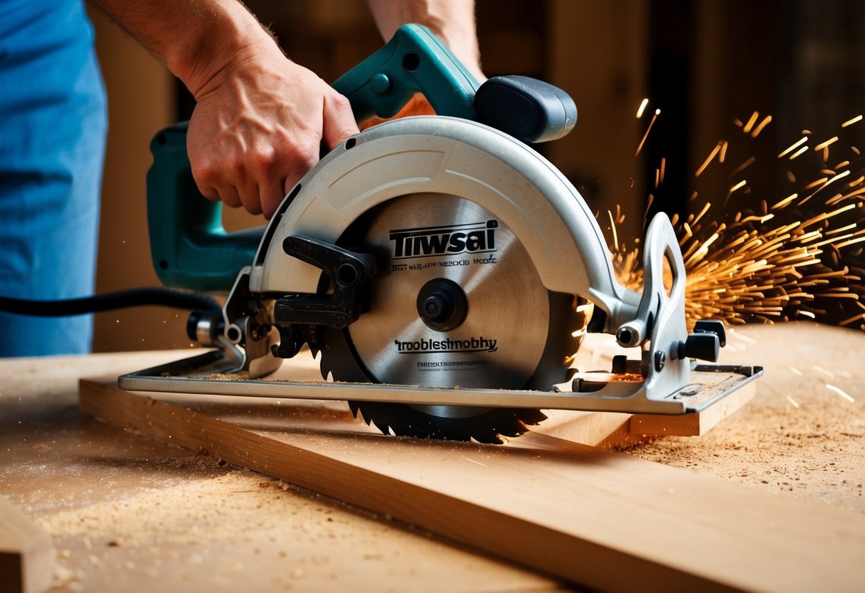 A circular saw cutting through wood with sparks flying as it operates smoothly after troubleshooting