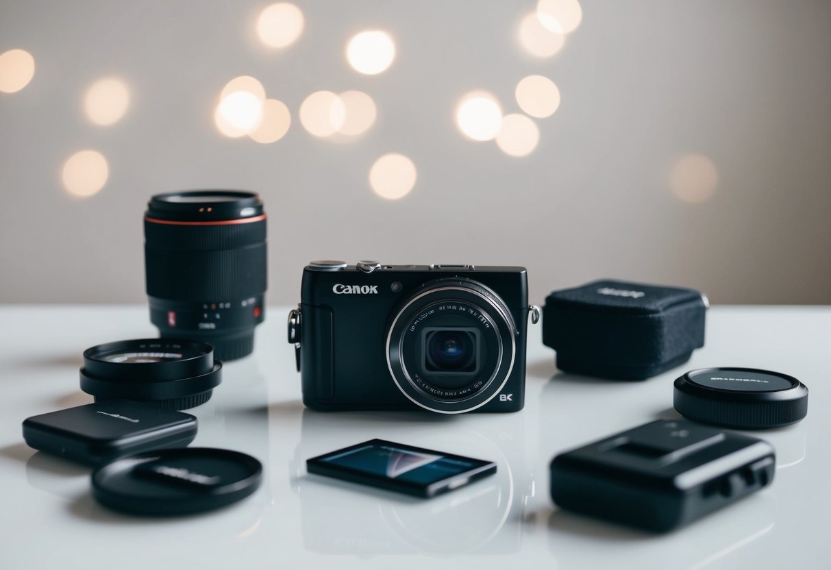 A point-and-shoot camera surrounded by various photography accessories on a clean, minimalist tabletop