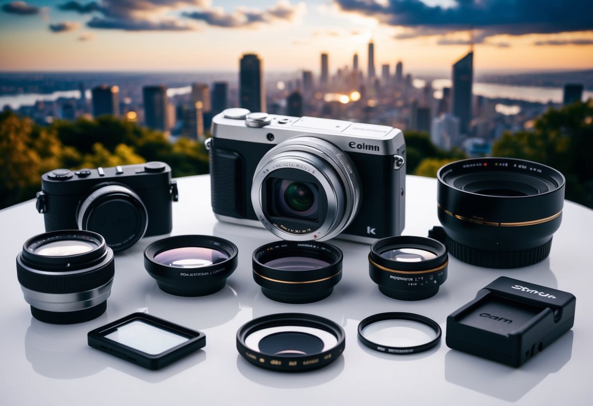 A point-and-shoot camera surrounded by various photography accessories and set against a backdrop of scenic landscapes and city skylines