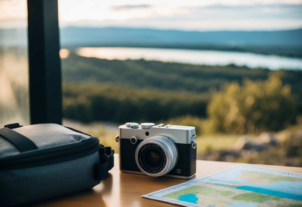 A sleek, compact camera resting on a table next to a small backpack and a map, with a scenic landscape in the background