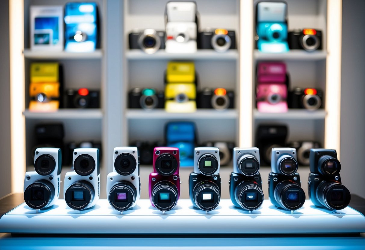 A colorful array of point-and-shoot cameras arranged neatly on a sleek, modern display stand, with each camera showcasing its unique features and design