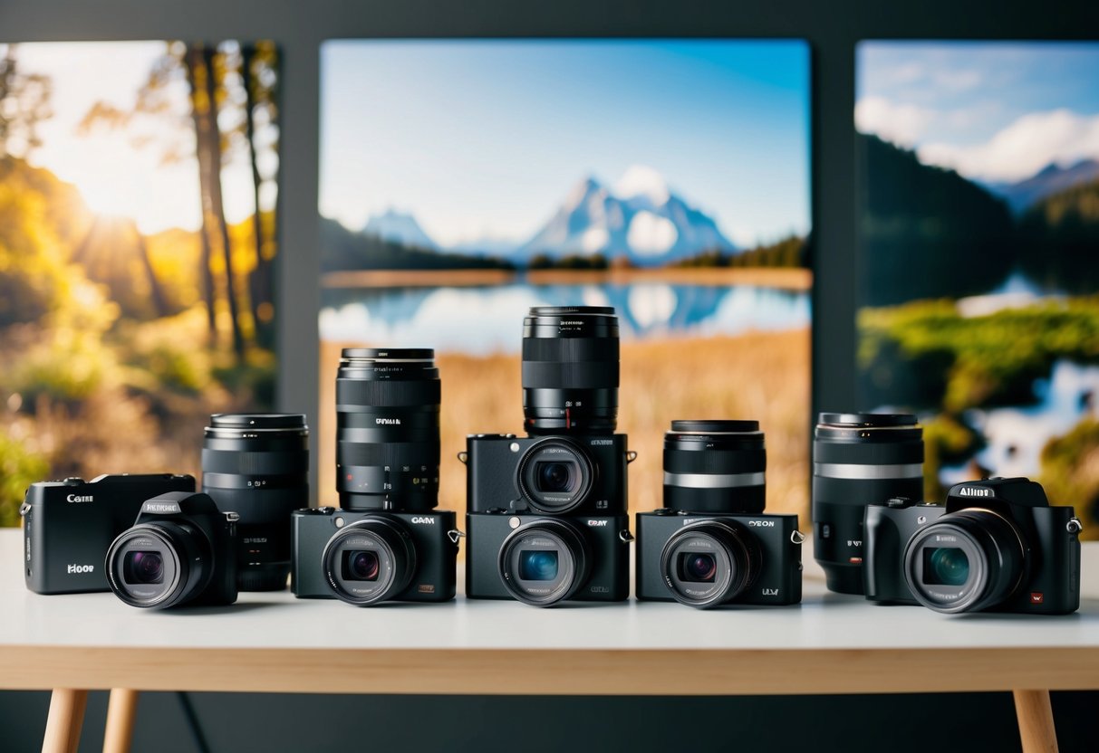 A variety of point-and-shoot cameras arranged on a table, surrounded by different scenic backdrops and natural lighting