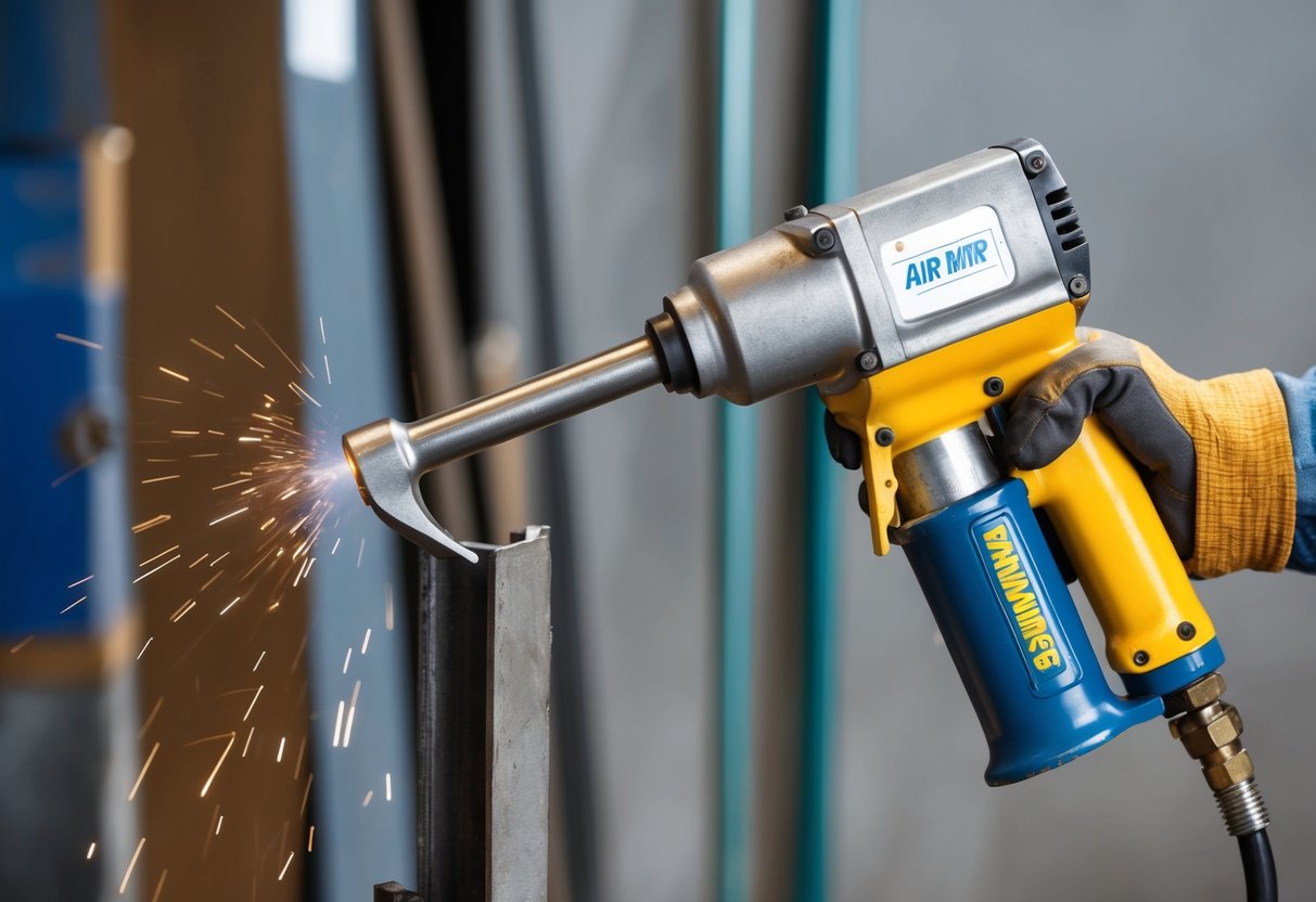 An air hammer in use, chiseling and shaping metal with pneumatic power
