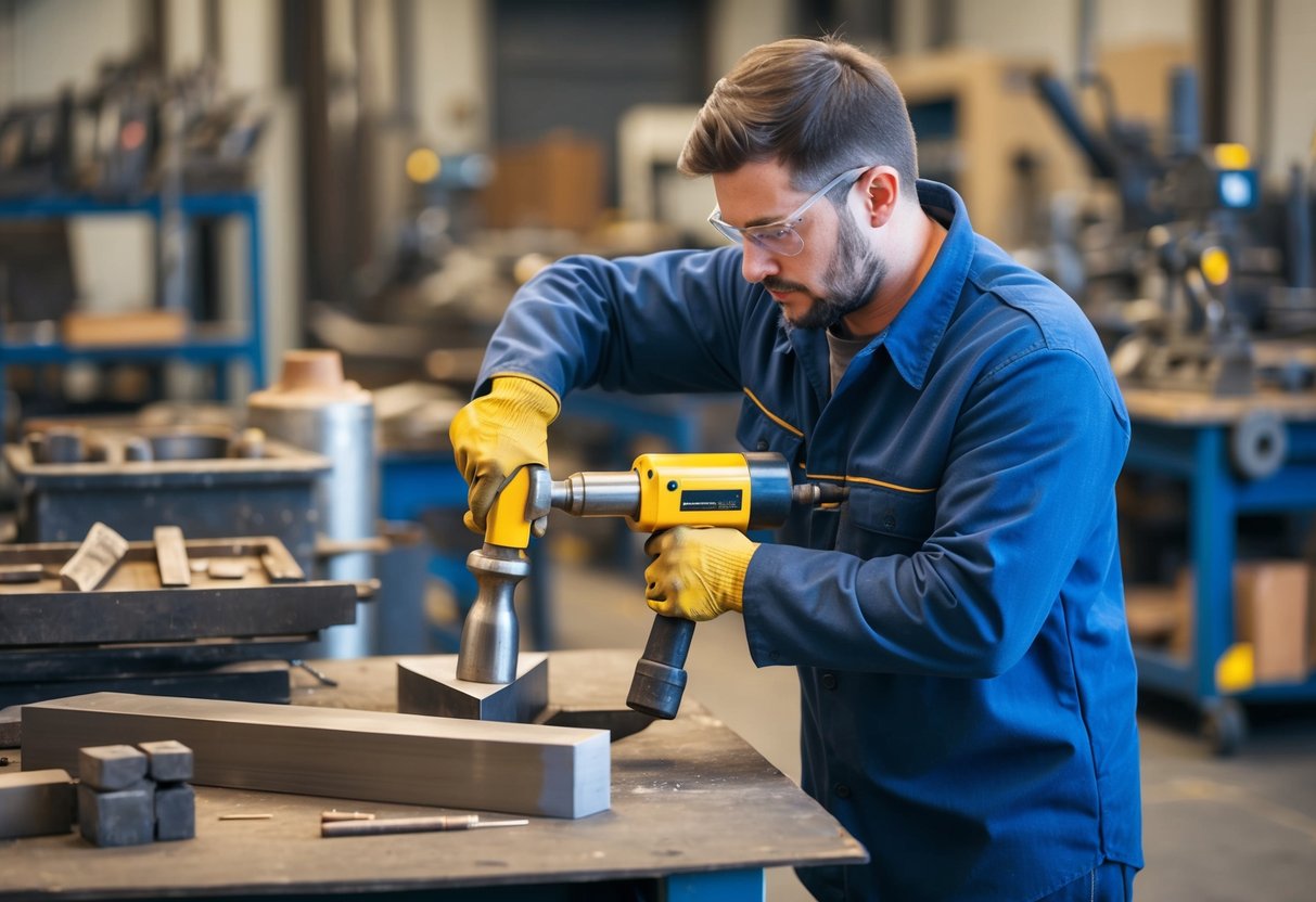 A worker uses an air hammer to chisel and shape a piece of metal in a workshop filled with industrial equipment