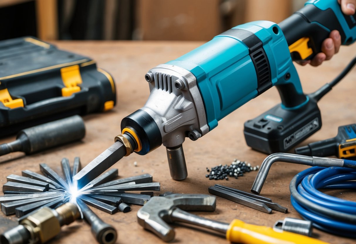 A pneumatic air hammer chiseling through metal, surrounded by various accessories and tools