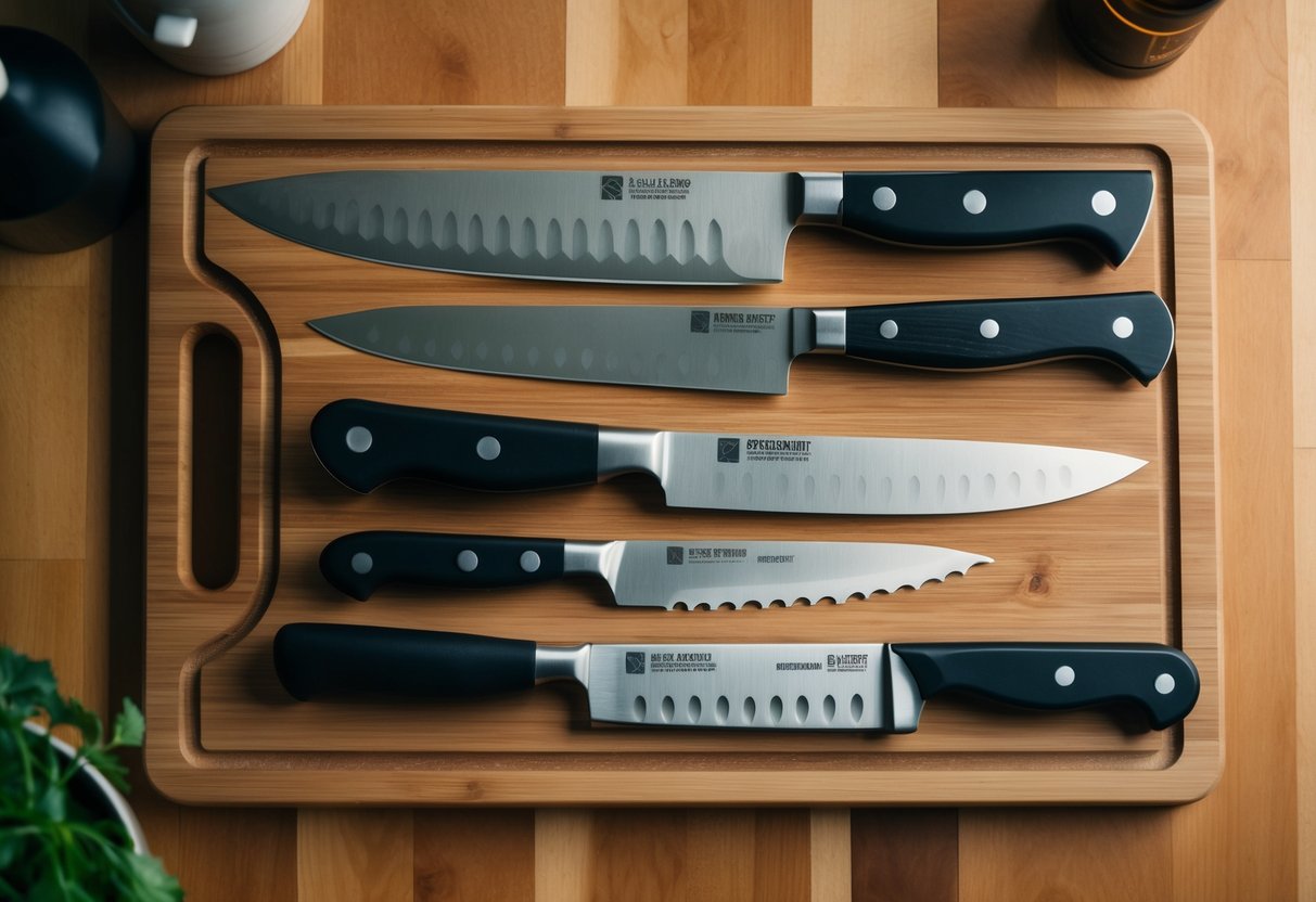 A variety of specialty knives laid out on a wooden cutting board, including a chef's knife, paring knife, cleaver, and serrated bread knife