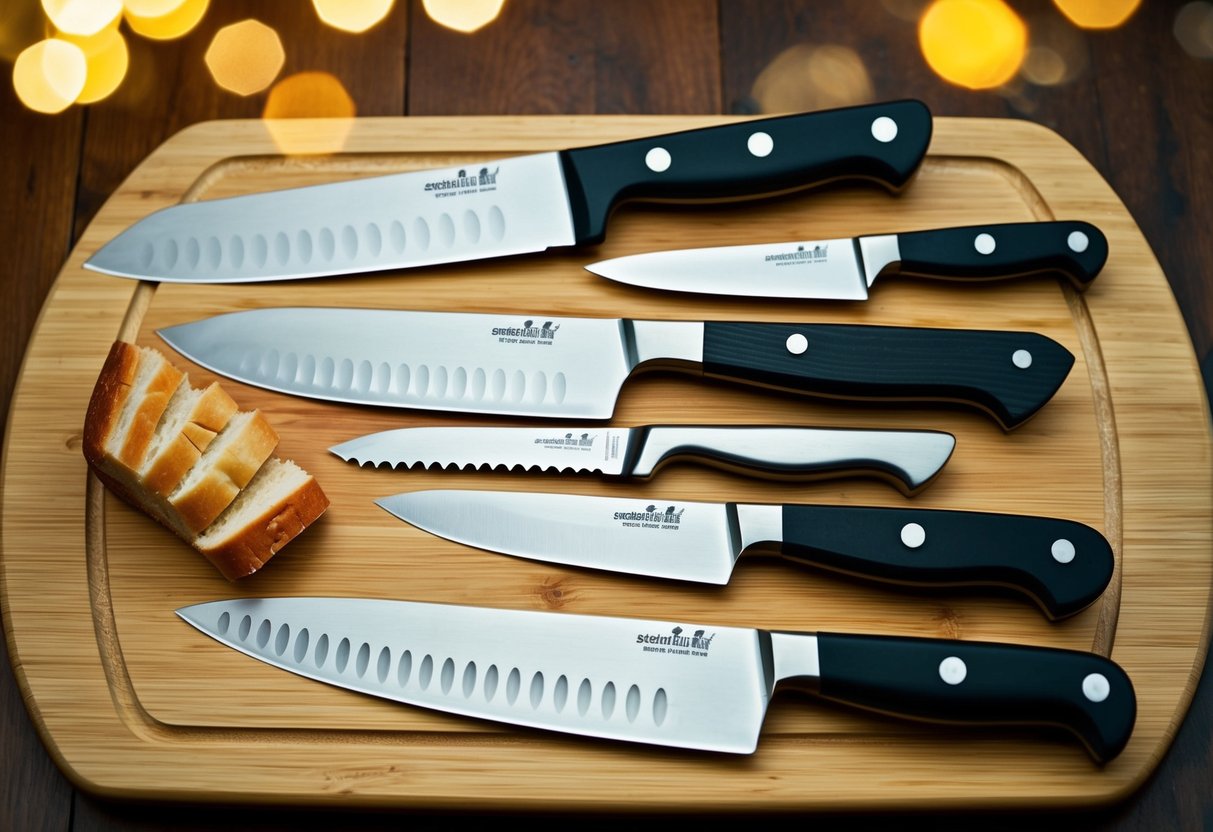 A variety of specialty knives laid out on a wooden cutting board, including a chef's knife, paring knife, and serrated bread knife
